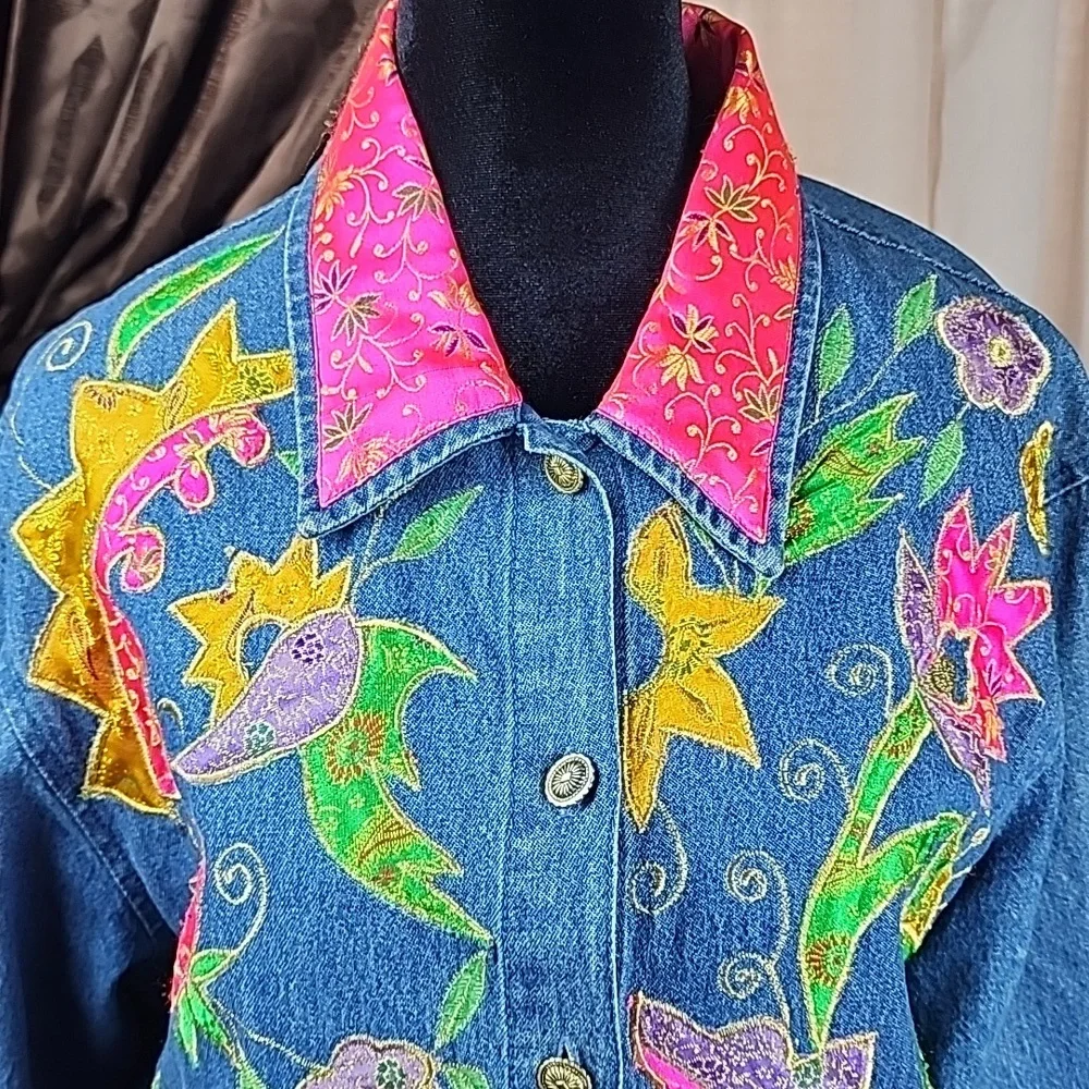 TANTRUMS | Vintage Bright Dopamine Floral Ribbon Embroidered Denim Jacket | L - Picture 2 of 12